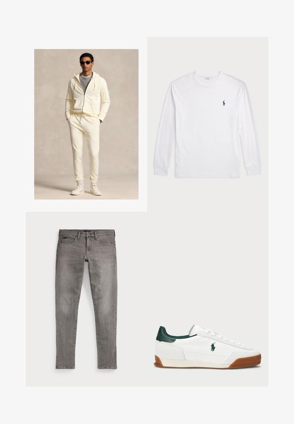 Kremo spalvos užsegama su užtrauktuku laisvalaikio striukė su raišteliais, derinama su derančiomis sportinėmis kelnėmis. Dėvima ant pilkos marškinėlių, užbaigta baltais sportiniais bateliais ir akiniais nuo saulės.; Balta ilgomis rankovėmis marškinėliai iš medvilnės. Gali būti apvalios formos kaklas, raukšlės ant rankovių, ir nedidelis tamsiai mėlynas polo logotipas kairėje krūtinės pusėje.; Pilki džinsai, siauro kirpimo, su tiesiomis kojomis. Turintys klasikinį penkių kišenėlių dizainą, siuvimo detales ir šiek tiek nublukintą tekstūrą.; Baltos sportbačiai su žaliais odiniais akcentais ir šviesiai ruda guma. Turi audinio kūną ir išsiskiriančią logotipą šone. Su raišteliais.