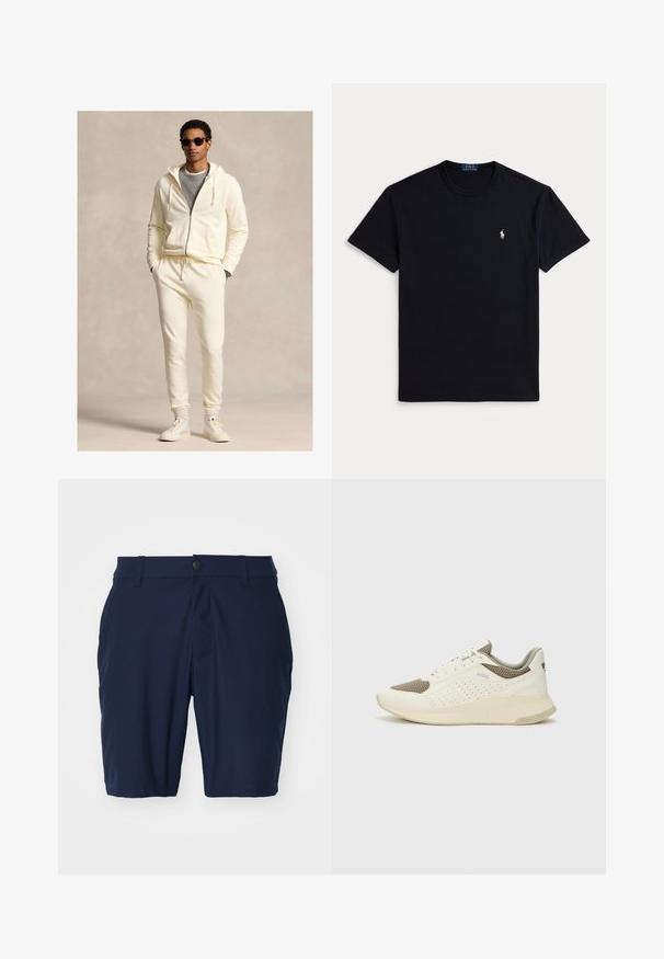 Kreemivärvi lukuga kapuutsiga pusa nööriga, sobitatud sama värvi dressipükstega. Kandes halli särgi peal, täiendatud valgete tossude ja päikeseprillidega.; Must puuvillane T-särk, millel on ümarsuu kaelus, lühikesed varrukad ja vasakul rinnal väike tikitud logo. Sile tekstuur.; Tumedate sinised lühikesed püksid siledast kangast, millel on nupClosure, küljetaskud ja sirge lõike disain.; Valge ja heledat beeži värvi spordijalats, millel on õhuke võrkmaterjal, perforatsioonidega detailid ning tekstuuriga vahetald, millel on brändi logo kannaosas.