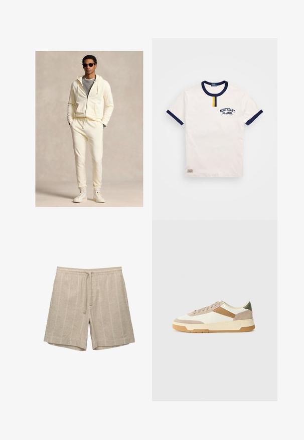 Kremasto rumena jopa z zadrgo in vrvico za zategovanje, usklajena s spodnjim delom trenirke. Nosi se čez sivo majico, dopolnjuje pa jo bela športna obutev in sončna očala.; Bela bomba majica iz bombaža s temno modrim okroglim izrezom in dodatki na rokavih. Ima detajl s majhnim rumenim gumbom in vezenino "NORTHEAST RL ATHL."; Bež lanene kratke hlače s horizontalnimi črtami, elastičnim pasom in vrvico, ki se ponašajo s sproščenim krojem in gladko teksturo.; Superge v bež, kremni in olivno zeleni barvi, izdelane iz semiša in usnja, z okroglo kapico, minimalističnim dizajnom in gumijastim podplatom.