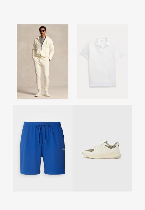 Kremfarget hettejakke med glidelås og snor, sammen med matchende joggebukser. Brukt over en grå skjorte, fullført med hvite joggesko og solbriller.; Hvit poloskjorte laget av bomull. Har klassisk krage, korte ermer og en brodert logo på brystet. Glatt, lett tekstur.; Les Deux STAN SWIM 2.0 - Shorts - surf blue; Hvit og lysebeige treningssko, med en mesh-overdel, perforerte detaljer og en teksturert mellomsåle med merkevare på hælen.