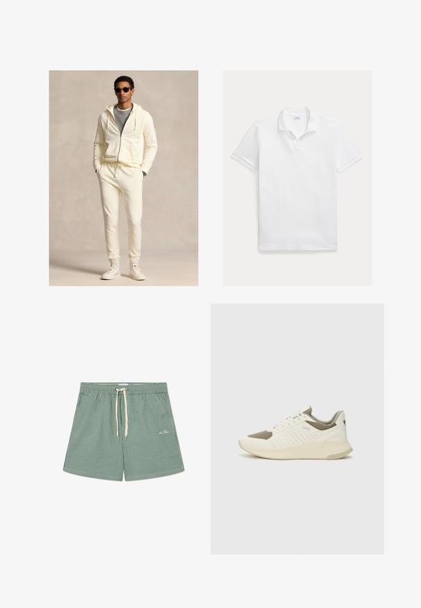 Roomkleurige hoodie met rits en trekkoord, gecombineerd met bijpassende joggers. Draagt deze over een grijs shirt, compleet gemaakt met witte sneakers en een zonnebril.; Witte polo van katoen. Heeft een klassieke kraag, korte mouwen en een geborduurd logo op de borst. Soepele, lichtgewicht textuur.; Groen en witte gestreepte zwemshorts met een elastische tailleband, verstelbaar trekkoord en een klein logodetail aan de linksonderzijde.; Witte en lichtbeige sport sneaker, met een bovenwerk van mesh, geperforeerde details en een gestructureerde tussenzool met branding op de hiel.