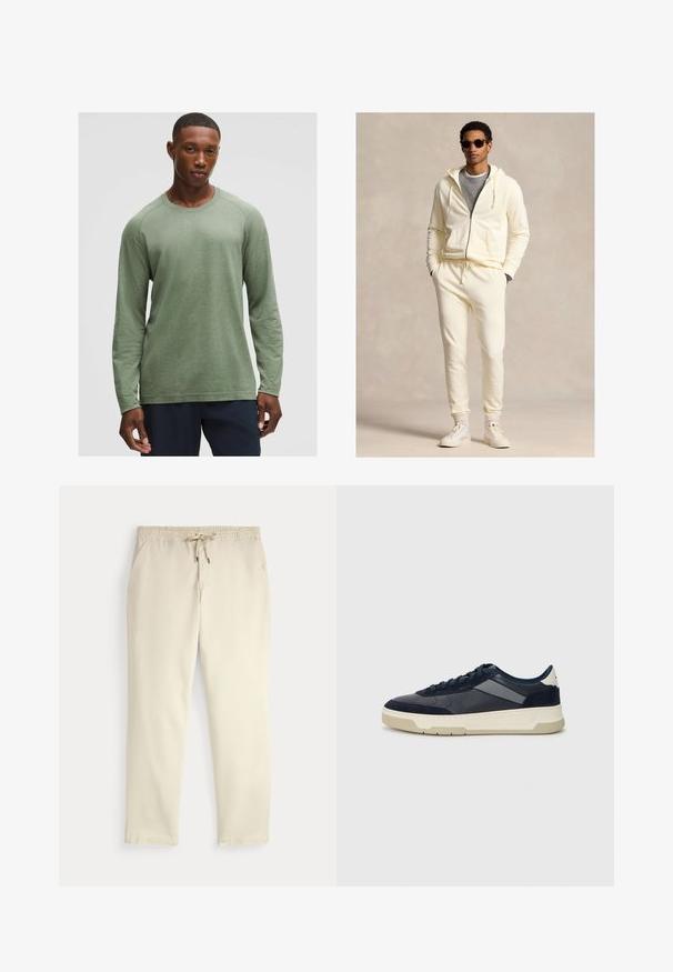 Roomkleurige hoodie met rits en trekkoord, gecombineerd met bijpassende joggers. Draagt deze over een grijs shirt, compleet gemaakt met witte sneakers en een zonnebril.; Langsleeve shirt in gedempt groen met een textuurpatroon, ronde halslijn en raglanmouwen, gemaakt van zachte, lichte stof.; Off-white casual broek met elastische tailleband en trekkoord, rechte pijpen en zijzakken op een effen achtergrond.; BOSS BALTIMORE - Sneakers laag - open blue
