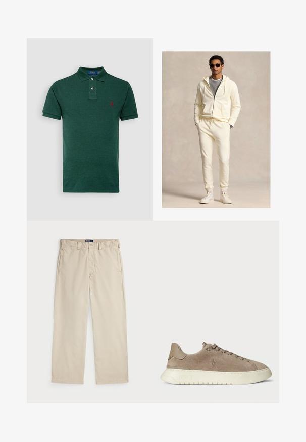 Kremfarget hettejakke med glidelås og snor, sammen med matchende joggebukser. Brukt over en grå skjorte, fullført med hvite joggesko og solbriller.; Polo Ralph Lauren SLIM FIT POLO SHIRT - Poloskjorter - scotch pine heather; Beige bomullschinos med rett ben-design, med knappelukking og to frontlommer. Glatt tekstur og ensfarget.; Suedepumps i taupe med hvit gummisåle. Funksjoner inkluderer snøring foran og en logo preget på siden og hælen.
