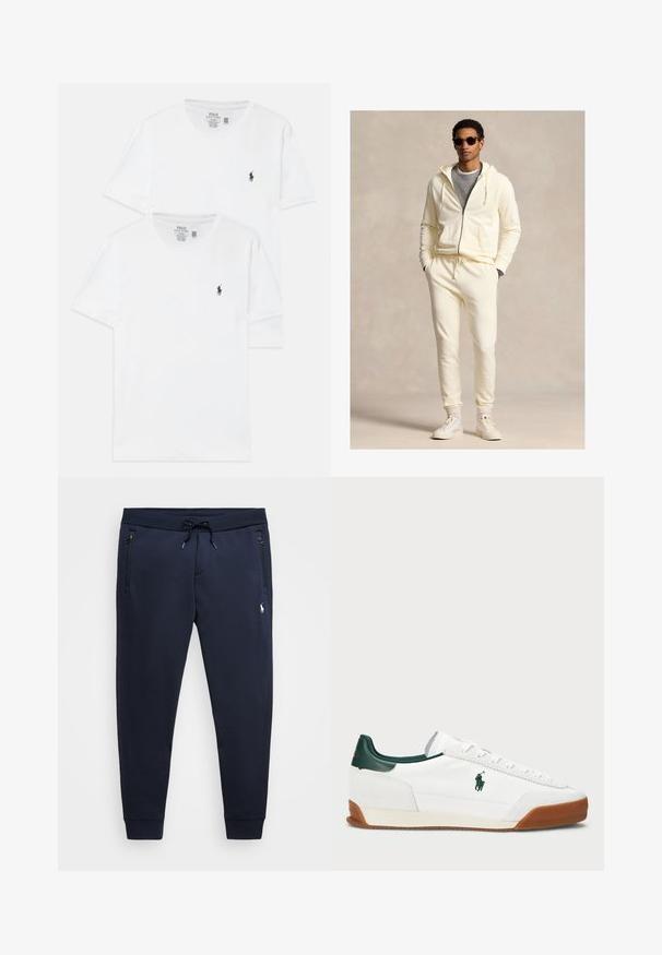 Krém színű, cipzáras pulóver húzózsinórral, hozzá illő melegítőnadrággal párosítva. Szürke póló felett viselve, fehér sportcipővel és napszemüveggel kiegészítve.; Két fehér pamut póló rövid ujjakkal, kis tengerészkék logóval a mellkason és klasszikus kerek nyakkivágással.; Sötétkék jogger nadrág puha pamut keverékből, állítható derékpánttal, zipzáras zsebekkel és egy kis logóval a bal combon.; Fehér sneaker zöld bőr részletekkel és homokszínű gumitalppal. Textilből készült, oldalt kiemelkedő logóval. Fűzős kialakítás.