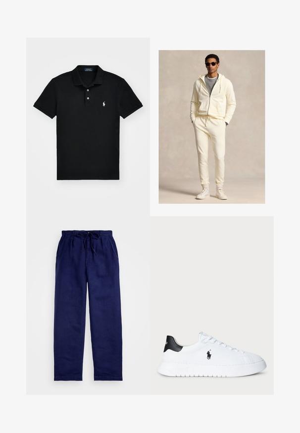 Kremfarget hettejakke med glidelås og snor, sammen med matchende joggebukser. Brukt over en grå skjorte, fullført med hvite joggesko og solbriller.; Svart polo skjorte laget av bomull, med klassisk krage, treknappers lukking, korte ermer og en hvit logo på venstre bryst.; Mørkeblå linbukser med snøring i livet, som har en avslappet passform, rette ben og sidelommer. Myk tekstur.; Hvit lavt beskåret sneaker med svart hælflik og svart Polo Ralph Lauren-logo på siden, med hvite lisser og tykk gummisåle.
