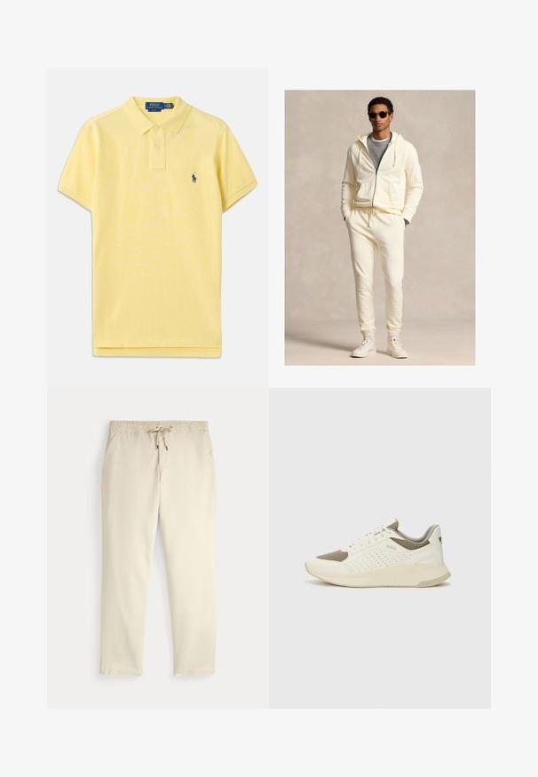 Krēmkrāsas kapučveida džemperis ar rāvējslēdzēju un aukliņām, komplektā ar atbilstošām sporta biksēm. Valkāts virs pelēkas krekliņa, papildināts ar baltām sporta kurpēm un saulesbrillēm.; Dzeltena polo krekls, izgatavots no kokvilnas, ar klasisku apkakli, trīs pogu aizdari, īsām piedurknēm un izsistētu logotipu uz krūškurvja.; Off-white ikdienas bikses ar elastīgu jostu un auklu, taisnām kājām un sānu kabatām uz vienkārša fona.; Baltas un gaiši bež sporta apavi, ar sieta augšdaļu, perforētiem detaļām un teksturētu vidusdaļu ar zīmolu uz papēža.