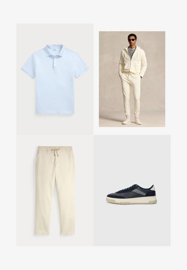 Krémově zbarvená mikina na zip s tkaničkami, v kombinaci se sladěnými tepláky. Nahoře je oblečená přes šedé tričko, doplněná bílými teniskami a slunečními brýlemi.; Světle modré polo tričko s krátkými rukávy, žebrovaným límcem a malým bílým logem na levé straně hrudi. Vyrobeno z texturované bavlněné tkaniny.; Krémové casual kalhoty s elastickým pasem a stahovací šňůrkou, rovné nohavice a boční kapsy na jednoduchém pozadí.; BOSS BALTIMORE - Tenisky - open blue