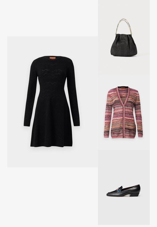 Többszínű kardigán, amely hullámos csíkos mintával készült rózsaszín, barna és krémszín árnyalatokban. V-nyakú, gombos záródással és bordázott mandzsettákkal rendelkezik.; Fekete, hosszú ujjú ruha, amely texturált cikk-cakk mintázattal, kerek nyakkivágással és A-vonalú sziluettel rendelkezik. Puha kötött anyag.; Fekete bőr, alacsony sarkú loafer, hegyes orral és színes mintás pánttal, fehér háttér előtt.; Fekete textúrájú kézi táska halszálka mintával, ráncolt dizájnnal és fém lánc fogantyúval. Puha anyaga elegáns megjelenést biztosít.