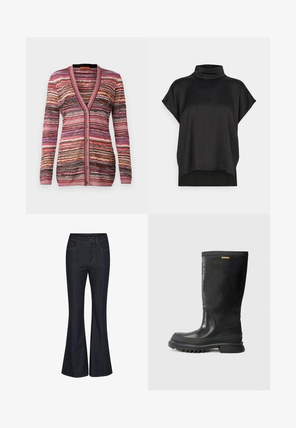 Mitmevärviline kardigan, millel on laineline triibuline muster roosades, pruunides ja kreemjatest tooni. Tal on V-kaelus, nupuklõps ja soonikkoes mansetid.; Mustade lühikeste varrukatega topp, millel on mütsikrae. Pehme, sile kangas, millel on lahti langev lõige ja sirge äär. Minimalistlik disain, ilma dekoratsioonideta.; Tumedat sinised laiad teksad, mis on valmistatud denimist. Omab esikotte, nähtavat õmblust ja nööpkinnitust vöökoha juures. Sile tekstuur.; Mustad muste säärdippi, millel on tekstuuriga pind, ümar varvas ja paks kummist põhi. Ülaservas on kaubamärgiga plaat.