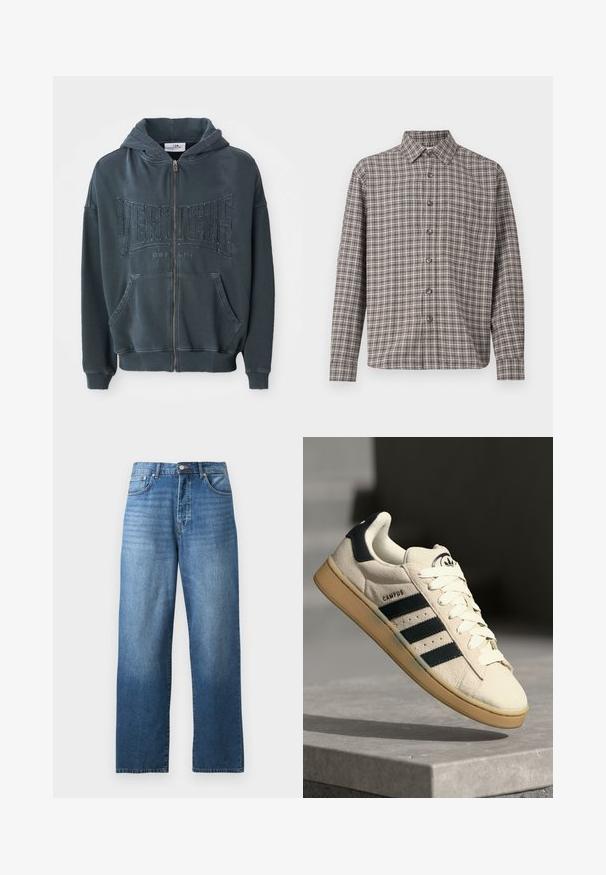 Dark green zip-up hoodie with a textured “VERTETRE BERLIN” logo on the front, featuring a drawstring hood and kangaroo pockets.; Brown and cream plaid shirt with a button-down collar, long sleeves, and front buttons; made of textured fabric.; Straight-leg blue denim jeans with five pockets and a button-zipper closure, displayed on a white background.; Beige suede sneaker with three dark blue stripes, white laces, and a tan rubber sole. Features a logo on the tongue and "CAMPUS" text.