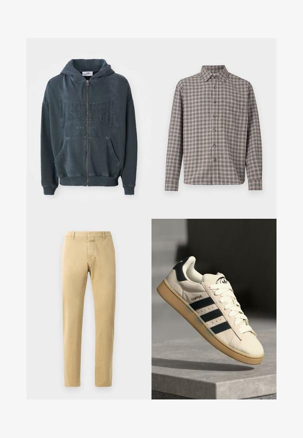 Hanorac cu fermoar de culoare verde închis, având un logo texturat "VERTETRE BERLIN" pe față, dotat cu glugă cu șnur și buzunare tip kangaroo.; Cămașă cu carouri maronii și crem, cu guler tip button-down, mâneci lungi și nasturi în față; confecționată dintr-un material texturat.; Chino bej cu croială slim și țesătură de bumbac netedă. Include un fermoar, bucle pentru curea și detalii minimă de cusătură.; Adidași din suede bej cu trei dungi albastre închise, șireturi albe și o talpă din cauciuc bej. Prezintă un logo pe limba pantofului și textul "CAMPUS".