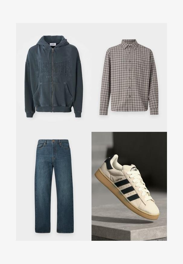 Sweatshirt com fecho éclair verde-escuro, com um logo texturizado "VERTETRE BERLIN" na frente, apresentando capuz com cordão e bolsos tipo canguru.; Camisa xadrez castanho e creme com colarinho com botões, mangas longas e botões na frente; feita de tecido texturizado.; Calças de ganga de perna reta em azul escuro com cinco bolsos, fecho de botão e passadores de cinto sobre um fundo branco liso.; Sapatilha de camurça bege com três riscas azul escuro, atacadores brancos e sola de borracha bege. Apresenta um logótipo na língua e o texto "CAMPUS".