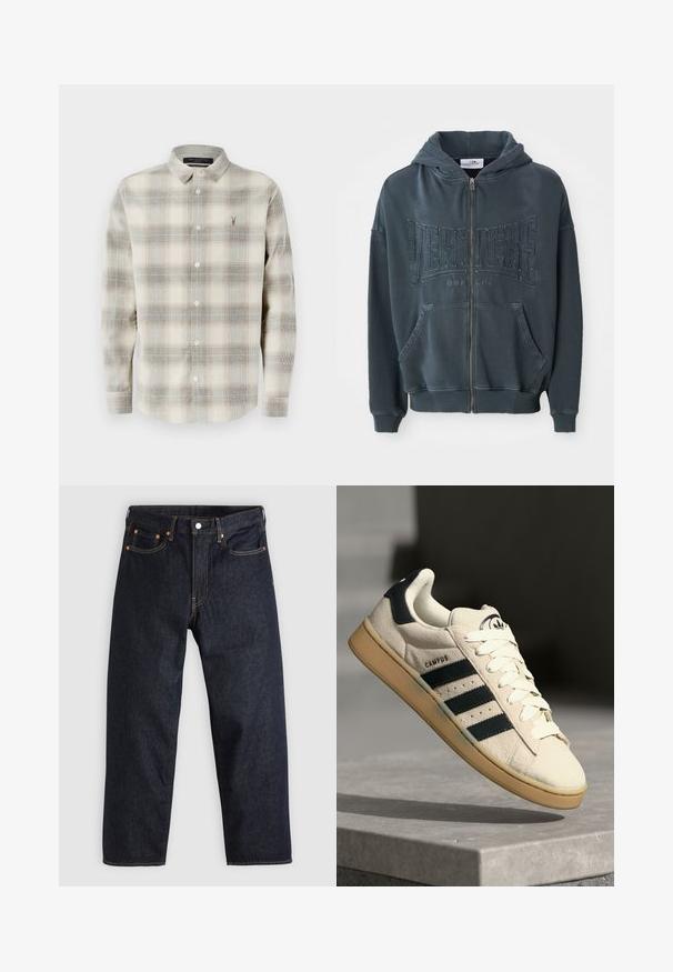Dunkelgrüner Reißverschluss-Hoodie mit einem strukturierten "VERTETRE BERLIN"-Logo auf der Vorderseite, ausgestattet mit einer Kapuze mit Kordelzug und Kängurutaschen.; Langärmliges Hemd mit Knopfleiste, einem beigen und grauen Karomuster, spitzem Kragen und kleinem gesticktem Logo auf der linken Brust.; Dunkelblaue Jeans aus Denim mit geradem Schnitt, fünf Taschen, kontrastierenden orangen Nähten und einem Knopfverschluss. Keine sichtbaren Muster oder Verzierungen.; Beige Wildledersneaker mit drei dunkelblauen Streifen, weißen Schnürsenkeln und einer tannfarbigen Gummisohle. Verfügt über ein Logo auf der Zunge und den Text "CAMPUS".