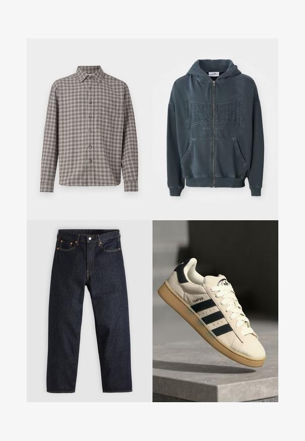 Tmavě zelená mikina na zip s texturovaným logem "VERTETRE BERLIN" na přední straně, vybavená kapucí se šňůrkou a klokankovými kapsami.; Hnědá a krémová kostičkovaná košile s límečkem na knoflíky, dlouhými rukávy a předními knoflíky; vyrobena z texturované tkaniny.; Tmavomodré džíny z denimu se straight střihem, pěti kapsami, kontrastním oranžovým šitím a knoflíkovým zapínáním. Žádné viditelné vzory ani ozdoby.; Béžové semišové tenisky s třemi tmavě modrými pruhy, bílými tkaničkami a hnědou gumovou podrážkou. Obsahují logo na jazyku a nápis "CAMPUS".
