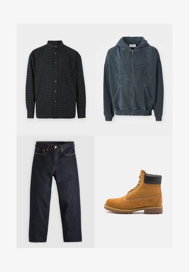 Dunkelgrüner Reißverschluss-Hoodie mit einem strukturierten "VERTETRE BERLIN"-Logo auf der Vorderseite, ausgestattet mit einer Kapuze mit Kordelzug und Kängurutaschen.; Schwarzes langärmliges Hemd mit Knopfleiste, weißen Karomuster, Brusttasche und braunen Knöpfen auf weißem Hintergrund.; Dunkelblaue Jeans aus Denim mit geradem Schnitt, fünf Taschen, kontrastierenden orangen Nähten und einem Knopfverschluss. Keine sichtbaren Muster oder Verzierungen.; Beige Wildleder-Ankle-Boot mit schwarzem gepolstertem Kragen, goldenen Metallösen, weißen Nähdetalben und einer robusten Gummisohle mit ausgeprägtem Profil.