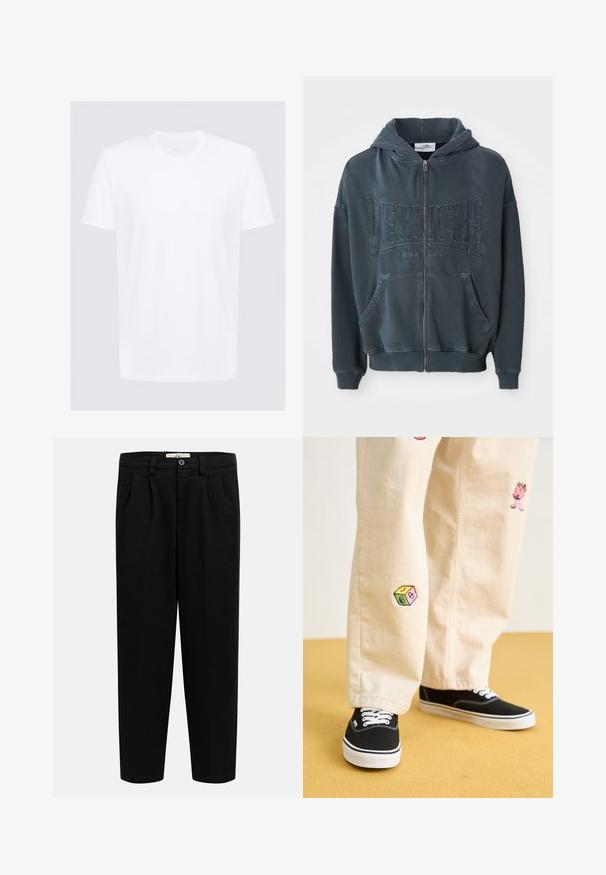 Mørkegrøn zip-up hoodie med et tekstureret "VERTETRE BERLIN" logo på fronten, som har en hætte med snørelukning og kængurulommer.; Hvid kortærmet T-shirt lavet af glat bomuld med rund hals; minimalistisk design med rene linjer og ingen synlige mønstre.; Brun og creme plaid skjorte med knap-ned krave, lange ærmer og frontknapper; lavet af struktureret stof.; Sorte højtaljede bukser med lige ben, bæltestropper, for-plitter, sidelommer og knaplukning i taljen.; Beige bomuldsbukser med legende broderede designs, herunder en lyserød karakter og farvede blokke, parret med sorte snørebåndssneakers.
