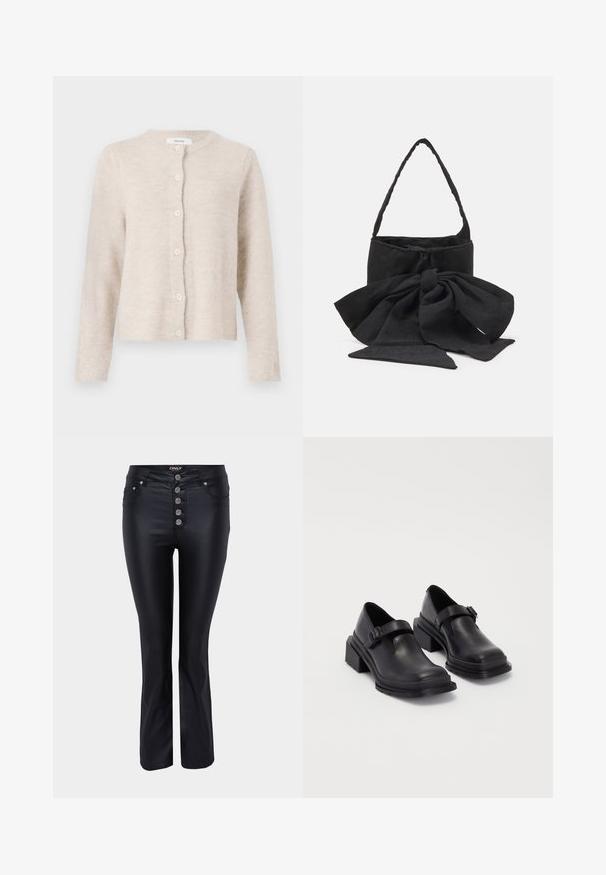 Beige cardigan laget av mykt strikkemateriale, med rund hals, lange ermer og seks frontknapper. Klassisk, enkel design.; Teal bluse med kragehals, knappes front og lange ermer. Laget av teksturert stoff med rynkede mansjetter.; Sorte flared jeans med et slankt design, laget av et glatt materiale. Har fem sølvfargede knappelukkinger og lommer foran.; Sorte lærersko med rund tå, flat såle og en rem med spenne-detalj. Kraftig blokkhæl for bedre stabilitet.; Svart stoffhåndveske med en knyttet sløyfe, rund form, teksturert overflate med små mønstre, og et enkelt, tynt håndtak.