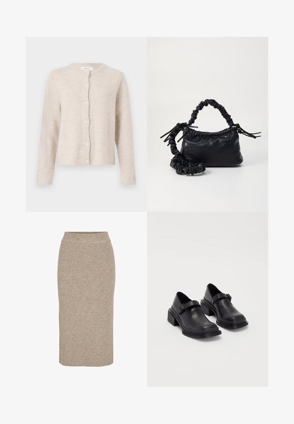 Bež cardigan iz mehkega pletenega materiala, z okroglo izrezom, dolgimi rokavi in šestimi sprednjimi gumbi. Klasična, preprosta zasnova.; Kratka majica iz off-white pletenine. Dolgi rokavi z rebrastim vzorcem in manjšimi izrezi okoli izreza.; Pletena svinčnik krila v svetlo bež barvi, ki ima rebrasto teksturo, visok pas in oprijet kroj. Rob krila se konča pod kolenom.; Črne usnjene čevlje z zaobljenim nosom, ravnim podplatom in trakcem z zaponko. Debel blokasti petnik za dodatno stabilnost.; Črna torbica iz umetnega usnja s krokodilovo teksturo, z zvitim vrhom in zmečkano naramico. Zdi se mehka in kompaktna v oblikovanju.