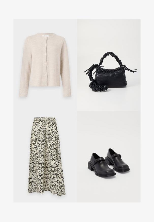 Bežinė megztinė, pagaminta iš minkštos mezgimo medžiagos, su apvalia iškirpte, ilgomis rankovėmis ir šešiais priekiniais mygtukais. Klasikinis, paprastas dizainas.; Balti aukštosios iš off-white mezginio medžiagos. Ilgos rankovės su raukšlėta tekstūra ir mažais išpjovimų detalėmis aplink apykaklę.; Maxi sijonas su elastinga juosta, pagamintas iš lengvos medžiagos. Yra abstrakti juoda ir beige raštas, plazdanti siluetas ir šoninės kišenės.; Juodos odinės bateliai su apvaliu priekiu, plokščiu padu ir dirželiu su sagtimi. Didelis blokinis kulnas, užtikrinantis papildomą stabilumą.; Juodas dirbtinės odos rankinė su krokodilo tekstūra, sušnibždinta viršuje ir susikraipytu dirželiu. Atrodo minkšta ir kompaktiška.