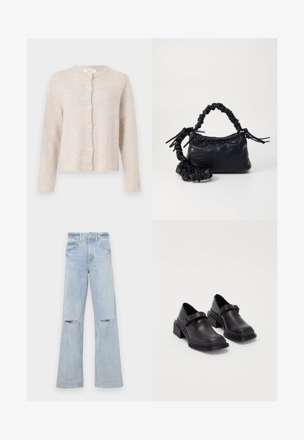 Bež kardigan od mekog pletenog materijala, s okruglim dekolteom, dugim rukavima i šest dugmadi sprijeda. Klasičan, jednostavan dizajn.; Kratki top od pamučne pređe u off-white boji. Dugi rukavi s rebrastom teksturom i malim izrezima oko dekoltea.; Svijetloplave široke traperice s izrezima na koljenima, visoki struk i klasični dizajn s pet džepova. Izrađene od denima s mekom teksturom.; Crne kožne cipele s okruglim vrhom, ravnim đonom i remenom s detaljem kopče. Debeli blok peti za dodatnu stabilnost.; Crna torba od umjetne kože s teksturom krokodila, s cinčanim vrhom i naboranom trakom. Izgleda mekano i kompaktno u dizajnu.