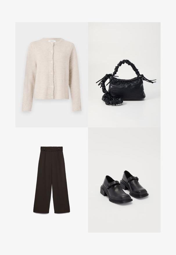 Cardigan bej din material tricotat moale, cu guler rotund, mâneci lungi și șase nasturi în față. Design clasic, simplu.; Top scurt din material tricotat de culoare albă murdară. Mâneci lungi cu textură cu rigle și mici decupaje în jurul gâtului.; Pantaloni cu picioare largi din țesătură maro închis, având o talie înaltă, două buzunare frontale și doi nasturi în față pentru închidere. Textură netedă.; Pantofi din piele neagră cu vârf rotunjit, talpă plată și o curea cu detaliu de cataramă. Toc gros pentru o stabilitate suplimentară.; Geantă din faux leather neagră cu textură de crocodil, cu partea superioară strânsă și o curea mototolită. Pare moale și compactă ca design.