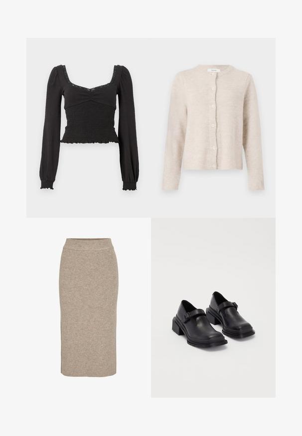 Beige kardigán, puha kötött anyagból, kerek nyakkivágással, hosszú ujjakkal és hat elöl lévő gombbal. Klasszikus, egyszerű dizájn.; Fekete, hosszú ujjú felső négyzet alakú nyakkivágással, smockolt textúrával és csipke díszítéssel. A fodros szegély és mandzsetta egy feszes fazont mutat.; Kötött ceruzaszoknya világos bézs színben, bordázott textúrával, magas derekú és slim fit fazonnal. Szegélye a térd alatt ér véget.; Fekete bőr cipők lekerekített orral, lapos talppal és csattal díszített pánttal. Masszív blokk talp a megnövelt stabilitásért.