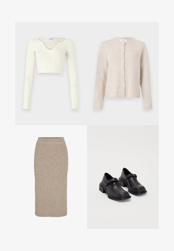Beige kardigán, puha kötött anyagból, kerek nyakkivágással, hosszú ujjakkal és hat elöl lévő gombbal. Klasszikus, egyszerű dizájn.; Off-white kötött anyagú crop top. Hosszú ujjak, bordás textúrával és kis kivágásokkal a nyakkivágás körül.; Kötött ceruzaszoknya világos bézs színben, bordázott textúrával, magas derekú és slim fit fazonnal. Szegélye a térd alatt ér véget.; Fekete bőr cipők lekerekített orral, lapos talppal és csattal díszített pánttal. Masszív blokk talp a megnövelt stabilitásért.