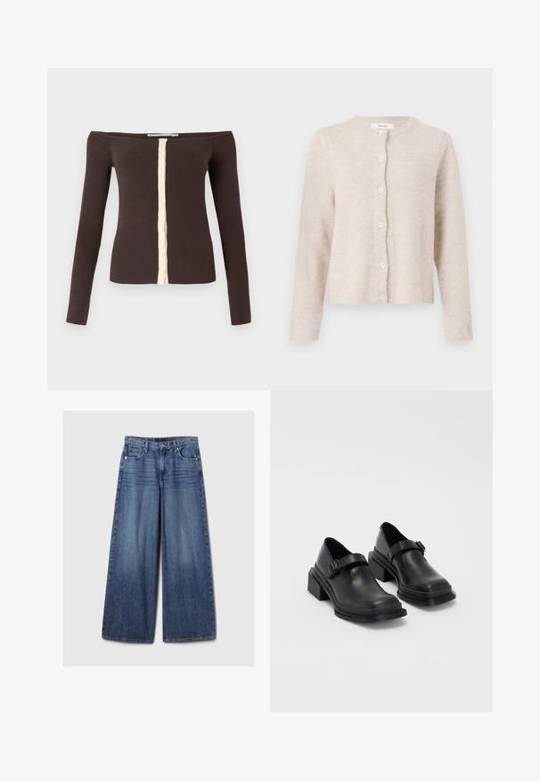 Cardigan beige realizzato in morbido materiale a maglia, con scollatura rotonda, maniche lunghe e sei bottoni frontali. Design classico e semplice.; Top a manica lunga in costine con scollo a spalle scoperte di colore marrone scuro, con una patta con bottoni crema al centro davanti.; Jeans in denim blu a gamba larga con una finitura sbiadita, dotati di chiusura a bottone e zip, cinque tasche e passanti per cintura.; Scarpe in pelle nera con punta arrotondata, suola piatta e una cintura con dettaglio fibbia. Tacco a blocco spesso per una maggiore stabilità.