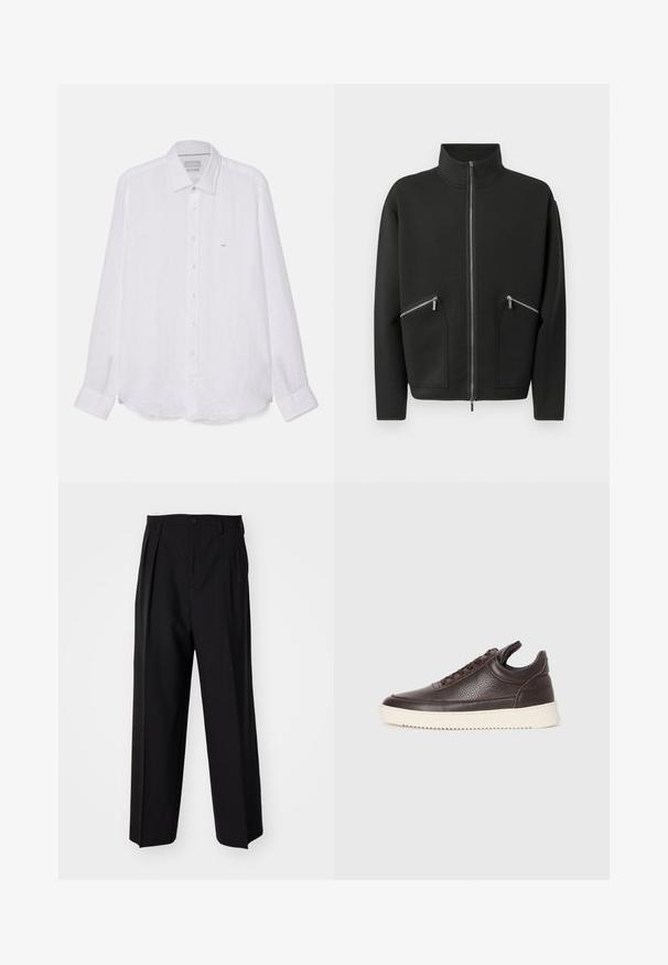 Black zip-up jacket with a high collar, featuring two front zip pockets and a relaxed fit. Smooth texture and minimalistic design.; White long-sleeve shirt made of linen. Features a pointed collar, full button front, and a small embroidered logo on the left chest.; Black pleated trousers with a straight, wide-leg design. Made from smooth fabric, featuring a button closure and belt loops.; Dark brown textured leather sneaker with lace-up front and white ridged rubber sole on a plain light background.