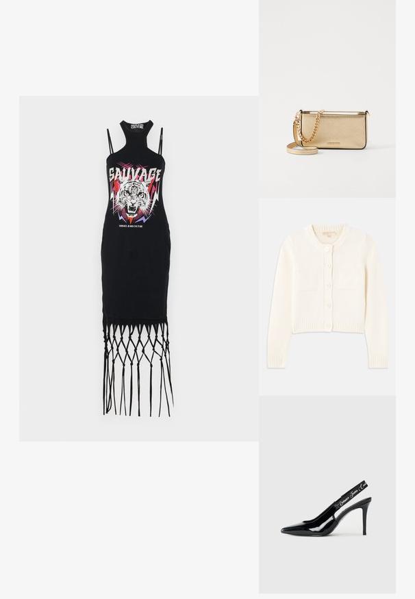 Kremfarget strikket cardigan med rund hals, fem knapper, ribbede mansjetter og to frontlommer. Glatt tekstur, cropped design.; Svart uten ermeløs kjole med høy hals, prydet med et tigerillustrasjon, levende farger og en frynset bunn med flettet detaljering.; Svart patentlær slingback hæl med spiss tå-design, som har en utskjæring og elastisk stropp preget med merkenavn.; Metallisk gullfarget skinnlommebok med teksturert finish, featuring en gullkjede-rem og en avtagbar skulderrem. Merkets logo er preget.