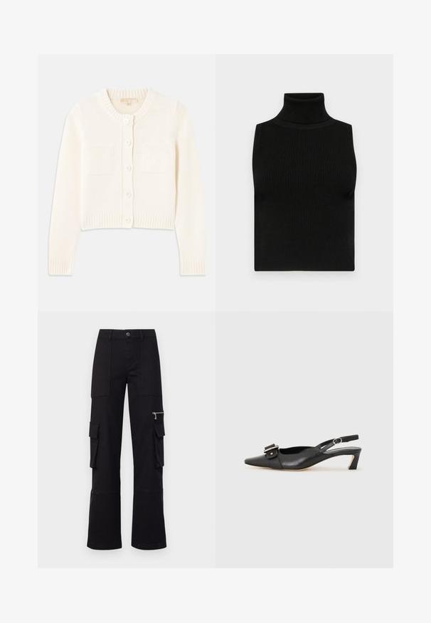 Kremna pletena jopica z okroglim ovratnikom, petimi gumbi, rebrastimi manšetami in dvema sprednjima žepoma. Gladka tekstura, krajša zasnova.; Črna brezrokavna majica z visokim ovratnikom, z rebrasto teksturo in oprijetim krojem. Gladek material z visokim ovratnikom in brez dodatnih okrasitev.; MAX&Co. REGIO - Hlačami s stranskimi žepi - black; Črne usnjene slingback čevlje z ostrim nosom, majhnim petam in dekorativno sponko na zgornjem delu. Gladka tekstura, minimalistična zasnova.