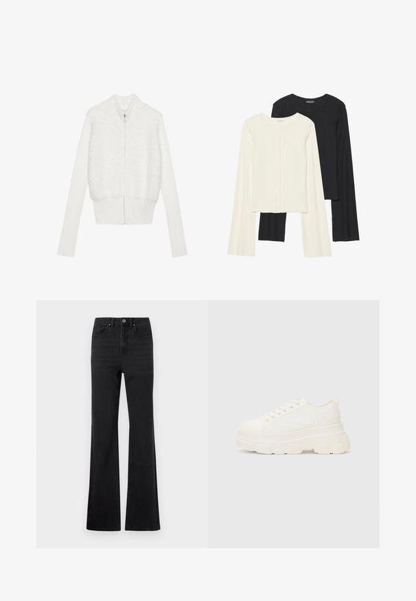 Biele zipsová kardigánka s nadýchaným predným dielom, rebrovanými rukávmi a lemom. Dizajn má jemnú textúru a zips s tvarovaným príveskom v tvare hviezdy.; Súprava dvoch dlhých rukávov v bielej a čiernej farbe. Žebrovaná textúra, okrúhly výstrih, priliehavý strih s mierne rozšírenými rukávmi.; Čierne riflové džínsy s vysokým pásom, predným gombíkom, pútkami na opasok a jemne rozšírenými nohami na bielom pozadí.; Biele plátené tenisky s hrubou podrážkou, zaoblenou špičkou a piatimi očkami na šnúrky. Zadný popruh pre jednoduché obúvanie. Hladká textúra, minimalistický dizajn.