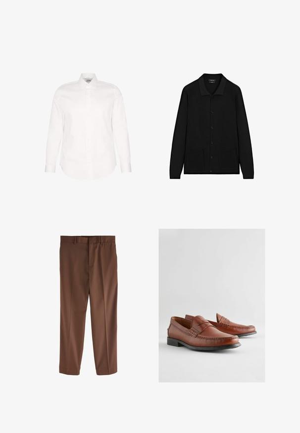 Cardigan nero con colletto, chiusura a bottoni e due tasche frontali. Realizzato in un tessuto testurizzato con dettagli a coste su polsini e bordo.; Camicia bianca a maniche lunghe realizzata in tessuto liscio, con colletto standard, chiusura frontale con bottoni e orlo rilassato.; Pantaloni marroni su misura con una texture liscia, design dritto, passanti per la cintura e una sola piega frontale. Senza tasche o dettagli visibili.; Mocassini in pelle marrone con un design mocassino, caratterizzati da dettagli cuciti, una suola piatta in gomma e una forma della punta elegante e arrotondata.
