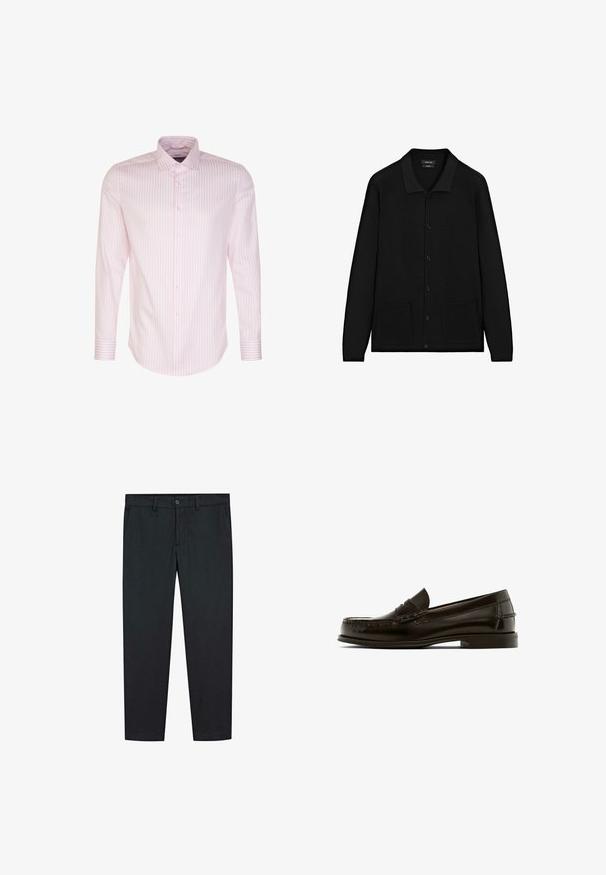 Cardigan nero con colletto, chiusura a bottoni e due tasche frontali. Realizzato in un tessuto testurizzato con dettagli a coste su polsini e bordo.; Camicia a maniche lunghe rosa chiaro con righe verticali bianche, chiusura con bottoni sul davanti, colletto classico e polsini con un dettaglio a singolo bottone.; Pantaloni neri con un design a gamba dritta, realizzati in un tessuto morbido. Presentano due tasche frontali e una chiusura a bottone in vita.; Mocassino in pelle marrone con punta arrotondata, cuciture decorative e tacco basso. Texture liscia con minimal hardware e design classico.