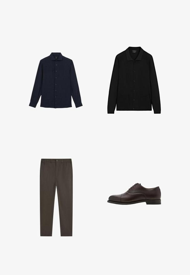 Cardigan nero con colletto, chiusura a bottoni e due tasche frontali. Realizzato in un tessuto testurizzato con dettagli a coste su polsini e bordo.; Reiss REGULAR FIT - RUBAN BUTTON-THROUGH - Camicia - navy; Pantaloni color marrone scuro con design a gamba dritta, cintura elastica, chiusura frontale con bottoni e tasche laterali. Tessuto dalla texture liscia.; Scarpa da uomo in pelle marrone con punta rotonda, tomaia semplice e sei fori per i lacci. Presenta un tacco basso e una superficie liscia.