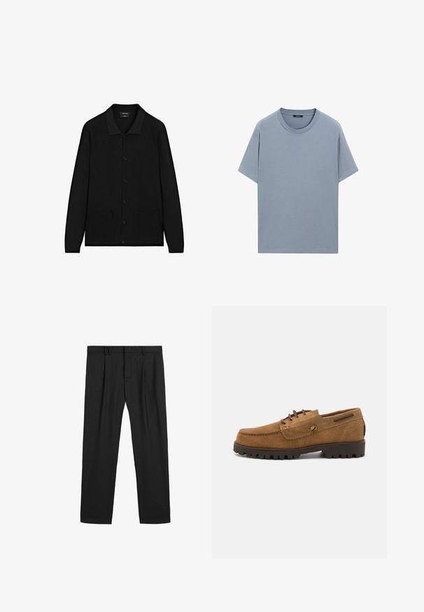 Black cardigan with a collared neckline, button front, and two front pockets. Made of textured fabric with ribbed accents on cuffs and hem.; Light blue cotton t-shirt with a round neckline, short sleeves, and a relaxed fit; smooth texture with no visible patterns or accents.; Black pleated trousers made from a smooth fabric, featuring a traditional waistband and straight-leg design. No visible patterns or hardware.; Brown suede shoes with a rounded toe, contrasting threaded accents, and a textured rubber sole featuring deep treads for traction.