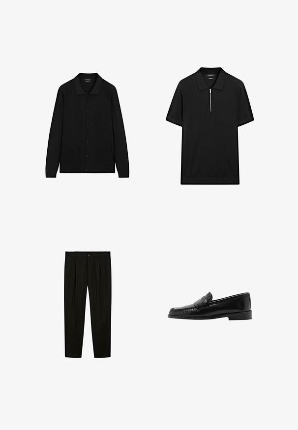 Czarny kardigan z kołnierzykiem, zapinany na guziki, z dwoma przednimi kieszeniami. Wykonany z teksturowanej tkaniny z ryflowanymi detalami na mankietach i u dołu.; Czarna koszulka polo z krótkim rękawem, z kołnierzykiem stójkowym i zamkiem błyskawicznym z przodu. Wykonana z gładkiego materiału o czystym, minimalistycznym designie.; Czarne dopasowane spodnie wykonane z gładkiego materiału. Cechy to płaski przód, szerokie nogawki i zapięcie na guzik w pasie.; Mango LUISA czarny