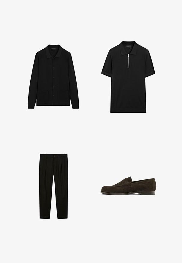 Sorte cardigan med krave, knaplukning foran og to forlommer. Lavet af tekstureret stof med ribbede detaljer ved ærmerne og kanten.; Sort kortærmet polo skjorte med ståkrave og frontlynlås. Lavet af et glat stof med et rent, minimalistisk design.; Sorte skræddersyede bukser lavet af glat stof. Funktioner inkluderer flad front, brede ben og en knaplukning i taljen.; Brune ruskinds loafers med en rund tå, der har en dekorativ rem over det øverste, og en lav læderhæl. Glat tekstur og minimalistisk design.