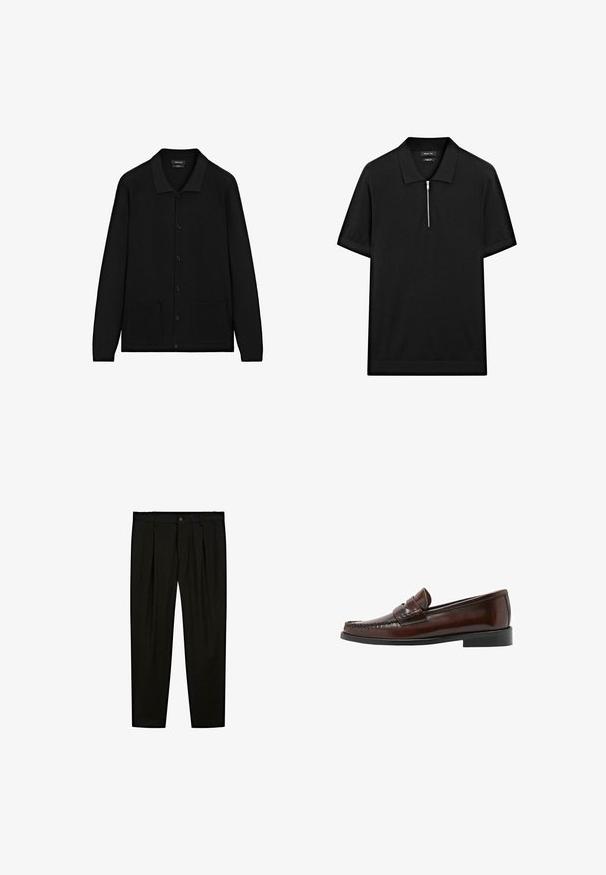 Zwarte cardigan met een kraag, knoopsluiting en twee voorzakken. Gemaakt van textuurstof met geribbelde accenten op de manchetten en de zoom.; Zwarte polo met korte mouwen, een staande kraag en een rits aan de voorkant. Gemaakt van een gladde stof met een schoon, minimalistisch ontwerp.; Zwarte op maat gemaakte broeken van soepel materiaal. Kenmerken zijn een platte voorkant, brede pijpen en een knoopsluiting bij de taille.; Mango LUISA - Instappers - cognac