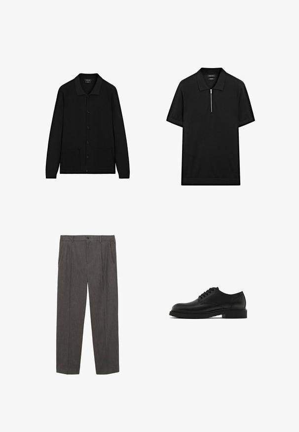 Svart cardigan med krage, knappstängning och två framfickor. Tillverkad av textil med struktur och ribbad detalj på ärmar och nederkant.; Svart kortärmad pikétröja med ståkrage och frontdragkedja. Tillverkad av ett mjukt tyg med en ren, minimalistisk design.; Grå, skräddarsydda byxor tillverkade av textilmaterial. Har en knappstängning, två framfickor och rak bendesign.; Svarta läderskor med blank yta, rund tå, fem öglor för snören och en robust svart sula. Enkel, rak design.