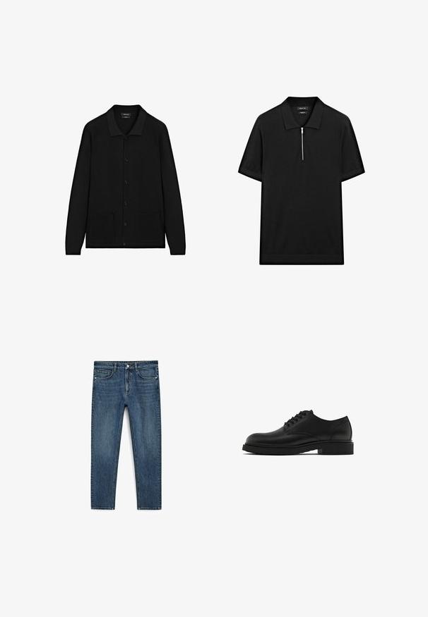 Zwarte cardigan met een kraag, knoopsluiting en twee voorzakken. Gemaakt van textuurstof met geribbelde accenten op de manchetten en de zoom.; Zwarte polo met korte mouwen, een staande kraag en een rits aan de voorkant. Gemaakt van een gladde stof met een schoon, minimalistisch ontwerp.; Blauwe spijkerbroek met een recht model, voorzien van frontzakken en een rits. De stof heeft een gemiddelde wassing met subtiele vervaging.; Zwarte leren nette schoen met een textuur, ronde neus, vijf oogjes voor veters en een stevige zwarte zool. Eenvoudig, recht design.