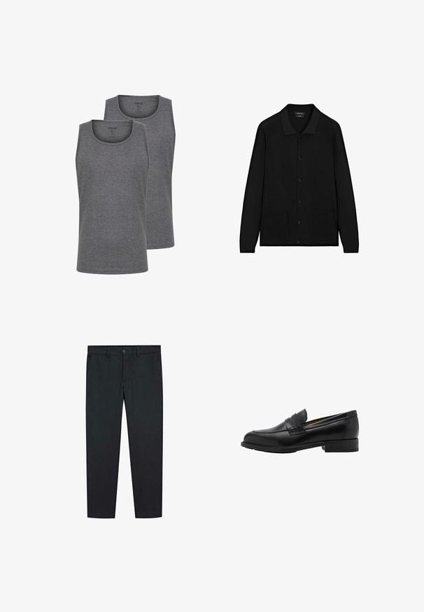 Sorte cardigan med krave, knaplukning foran og to forlommer. Lavet af tekstureret stof med ribbede detaljer ved ærmerne og kanten.; To grå tank tops lavet af blød bomuldsblanding. Har en rund halsudskæring og ærmeløs design. Glat tekstur og regular fit.; Sorte bukser med lige ben design, lavet af glat stof. Har to forlommer og en knaplukning i taljen.; Sorte læder loafers med en syet front og flad hæl. Glat tekstur med en afrundet tå og en dekorativ rem hen over vristen.