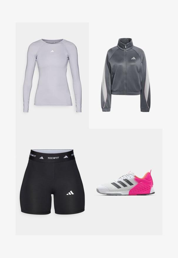 Hall hall lukuga jakk kõrge kraega, tekstuurse kangaga, heledate hallide detailidega varrukatel ja roosa ääristusega; sellel on Adidas logo.; adidas Performance TF LS T - Pikkade varrukatega topp - glory grey; Mustad mustad mustarid elastse materjaliga, millel on kehaümberpüüdmisel põhinev disain. Omab laia musta kummivöötlust, millel on kiri "TECHFIT" ja valge logo jalal.; Valge spordijalanõud hallide triipudega, sissetõmmatav ülemine osa ja roosa kanna ning aktsendid. Omab tekstureeritud kannaosa ja kummist väljaviset. Sidumispaelad ja pehmendusega kaelus.