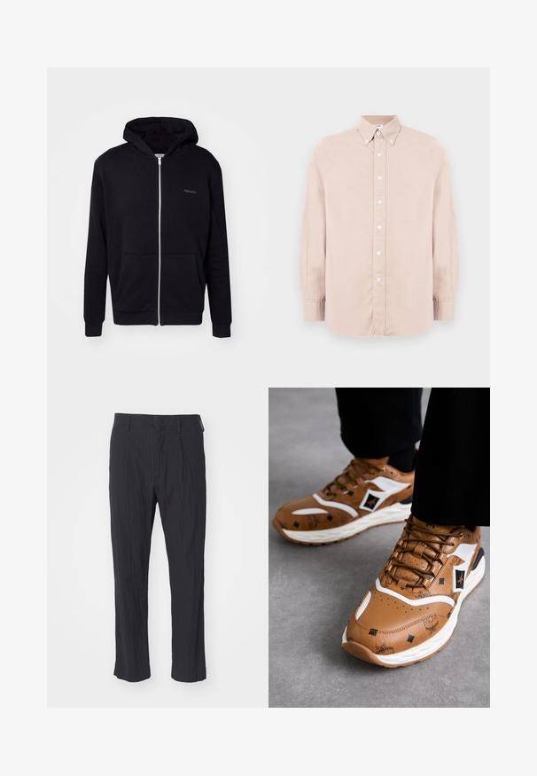 Čierna mikina na zips vyrobená z mäkkej látky. Má kapucňu, predné vrecká a rebrované manžety. Obsahuje jemné logo na hrudi.; Svetloružová košeľa na gombíky s dlhými rukávmi, golierom a bielymi gombíkmi. Vyrobená z hladkej látky s bežným strihom.; Čierne plisované nohavice z textúrovanej látky, s rovno strihanými nohavicami a štandardným pásom. Bez viditeľných vreciek alebo kovania.; Hnedé kožené tenisky s bielymi akcentmi, štruktúrovanými vzormi a zlatým hardvérom; hrubá biela podrážka; okrúly prst a šnurovací dizajn.