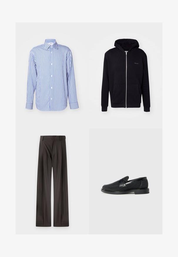 Musta vetoketjullinen huppari, joka on valmistettu pehmeästä kankaasta. Ominaisuuksiin kuuluvat huppu, etutaskut ja ribbireunat. Sisältää hillittyä brändäystä rinnassa.; Sininen ja valkoinen raidallinen paita, kauluksellinen, pitkät hihat, nappikansilta, pehmeä kangas, jossa on napitut hihansuut ja tasaisesti sijoitetut pystyradat.; Laahustavat housut tummanruskeasta kankaasta. Ominaisuuksia ovat sileä rakenne, jämäkkä vyötärö ja hillityt etukuja.; Musta kudottu liukupohjallinen kenka, jossa on sileä nahkakorostus päällisessä, pyöreä kärki ja matala kumipohja.