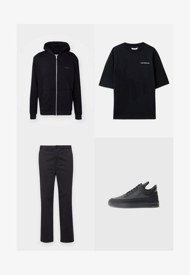 Melnā jaku ar rāvējslēdzēju, kas izgatavota no mīksta auduma. Tam ir kapuce, priekšējās kabatas un ribotas piedurknes. Uz krūškurvja ir diskrēta zīmola pazīme.; Melna kokvilnas T-kreklu ar īsām piedurknēm, arapa kaklu un mazu baltu "HOLZWEILER" logo priekšpusē, ar brīvu piegriezumu.; Melnas kokvilnas bikses ar taisnu kāju dizainu, ar pogu aizdari un josta cilpiņām. Gluda tekstūra, bez redzamām rakstu vai akcentu detaļām.; Melnas ādas sporta kurpes ar teksturētu virsmu, ar saistēm, zema augstuma un pelēku gumijas zoli ar rievojumu malu.