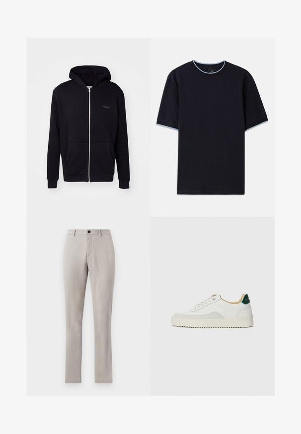 Sort zip-up hoodie lavet af blødt stof. Har en hætte, frontlommer og ribbede manchetter. Inkluderer diskret branding på brystet.; Mørkeblå kortærmet t-shirt med rund halsudskæring, udstyret med lys blå accent ved kraven og ærmerne. Lavet af blødt bomuldsstof.; Lys grå, skræddersyede bukser med en glat tekstur, der har en knaplukning og lige ben. Ingen synlige lommer eller mønstre.; Hvide sneakers med ruskindsdetaljer, rund tå, flade snørebånd og en cremet gummisål. Har grøn branding på hælen.