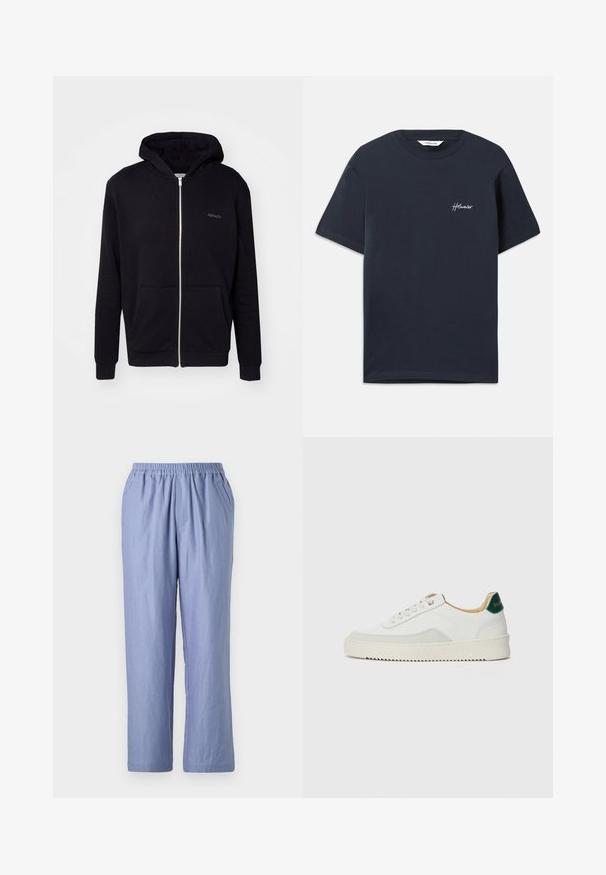 Juodas zip-up džemperis pagamintas iš minkštos medžiagos. Turi gobtuvą, priekines kišenes ir raištelius ant rankovių. Įskaičiuotas subtilus prekės ženklas ant krūtinės.; Jūrinės mėlynos spalvos medvilninė marškinėliai su trumpomis rankovėmis. Kairėje krūtinės pusėje yra baltas siuvinėtas prekės ženklas. Klasikinis apvalus iškirpimas.; Šviesiai mėlynos, laisvo kirpimo kelnės su elastingu juosmeniu, dviem šoniniais kišenėmis ir tiesiomis kojomis. Pagamintos iš minkštos medžiagos su lygia tekstūra.; Baltos sportbačiai su zomšos akcentais, apvaliu nosiu, plokščiais raišteliais ir kreminės spalvos guminiu padu. Ant kulno yra žalia ženklinimo detalė.