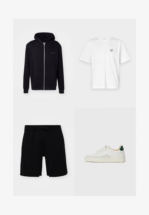 Čierna mikina na zips vyrobená z mäkkej látky. Má kapucňu, predné vrecká a rebrované manžety. Obsahuje jemné logo na hrudi.; Biela tričko vyrobené z bavlny, s krátkymi rukávmi, okrúhlym výstrihom a malým šedým logom na oblasti ľavej hrude. Hladká textúra.; Čierne detské šortky vyrobené z mäkkej látky, s elastickým pásom a mašľou, so žebrovaným lemom. Jednoduchý dizajn bez vzorov.; Biele tenisky s semišovými akcentmi, zaoblenou špičkou, plochými šnúrkami a krémovou gumovou podrážkou. Na päte sú zelené značky.