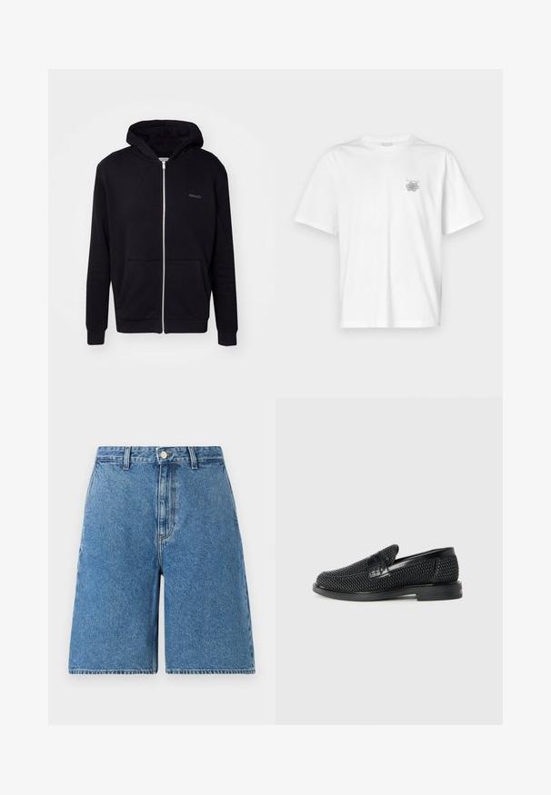 Musta vetoketjullinen huppari, joka on valmistettu pehmeästä kankaasta. Ominaisuuksiin kuuluvat huppu, etutaskut ja ribbireunat. Sisältää hillittyä brändäystä rinnassa.; Valkoinen puuvillapaita, jossa on lyhyet hihat, pyöreä kaula-aukko ja pieni harmaa logo vasemmassa rintataskussa. Täydellinen sileä rakenne.; Siniset farkkushortsit korkealla vyötäröllä, joissa on etupainike, sivutaskut ja suora lahkeiden muoto.; Musta kudottu liukupohjallinen kenka, jossa on sileä nahkakorostus päällisessä, pyöreä kärki ja matala kumipohja.